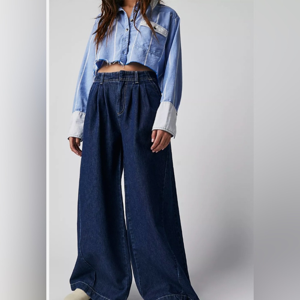 NWT Free People Equinox Blue Denim Wide Leg Trouser SZ 29 100% Cotton